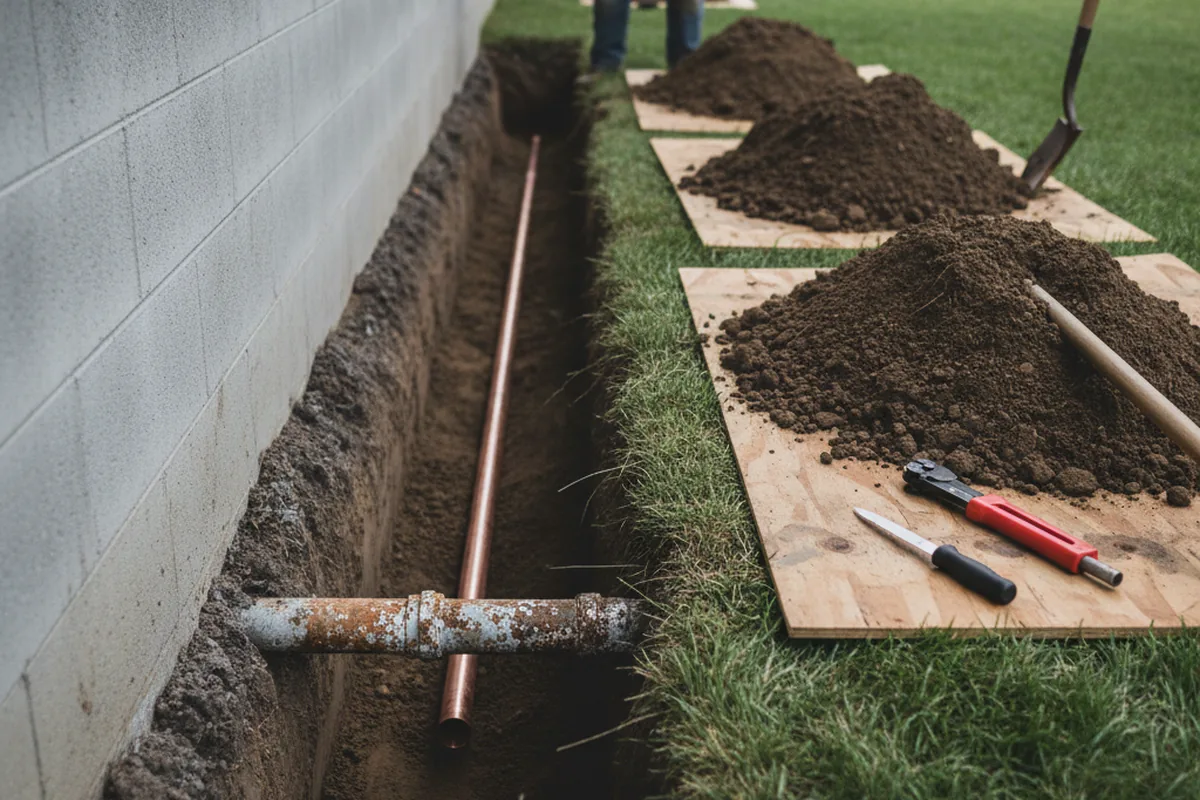Excavated water line trench during Sewer Line Repair in Oran